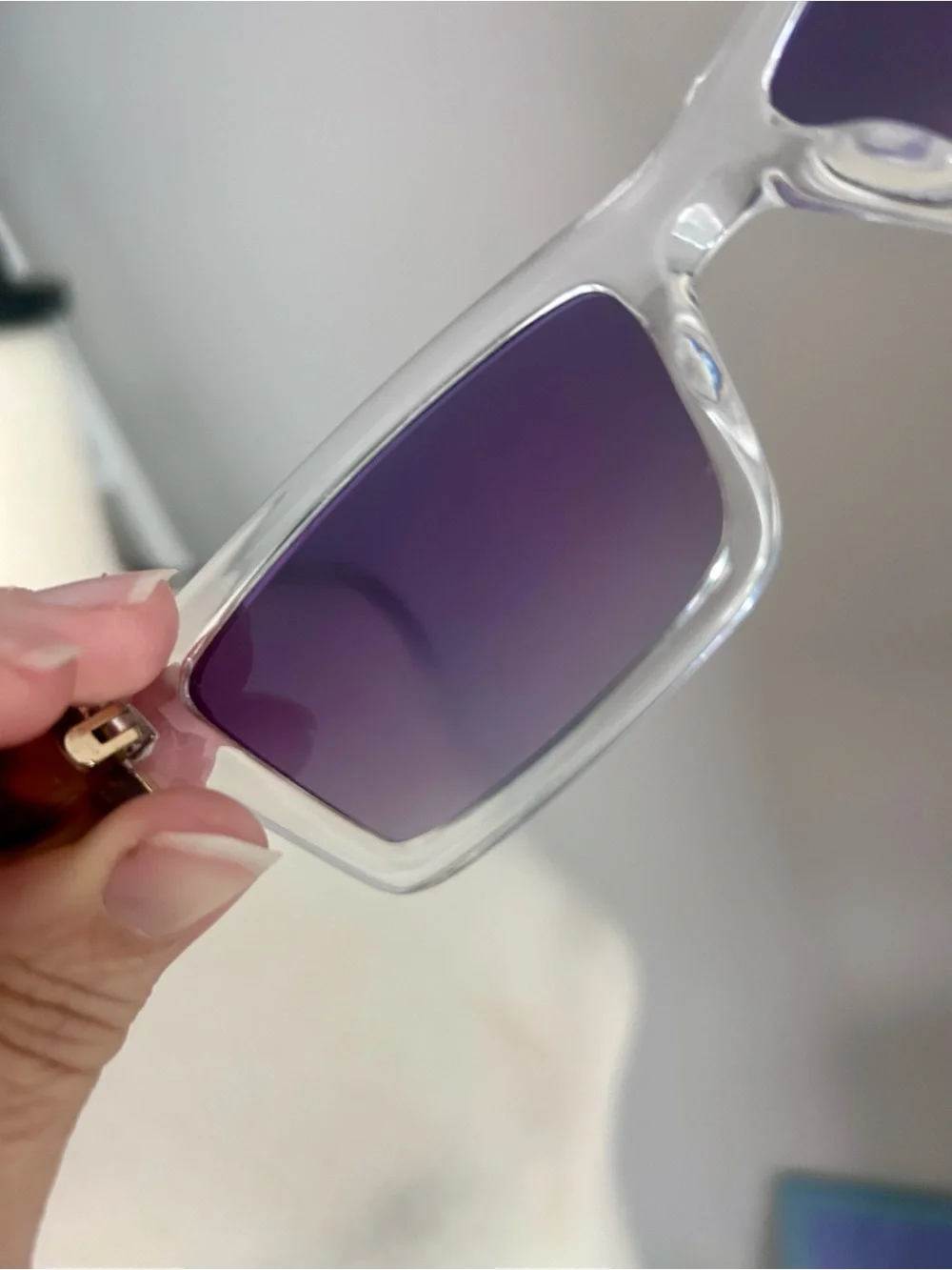 Clear Frame Tortoise Arm Purple Lens Rectangular Sunglasses Y2K